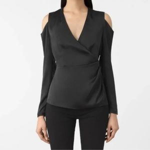 All Saints Womens Danio Top, Long Sleeve Cold Shoulder Wrap, Black